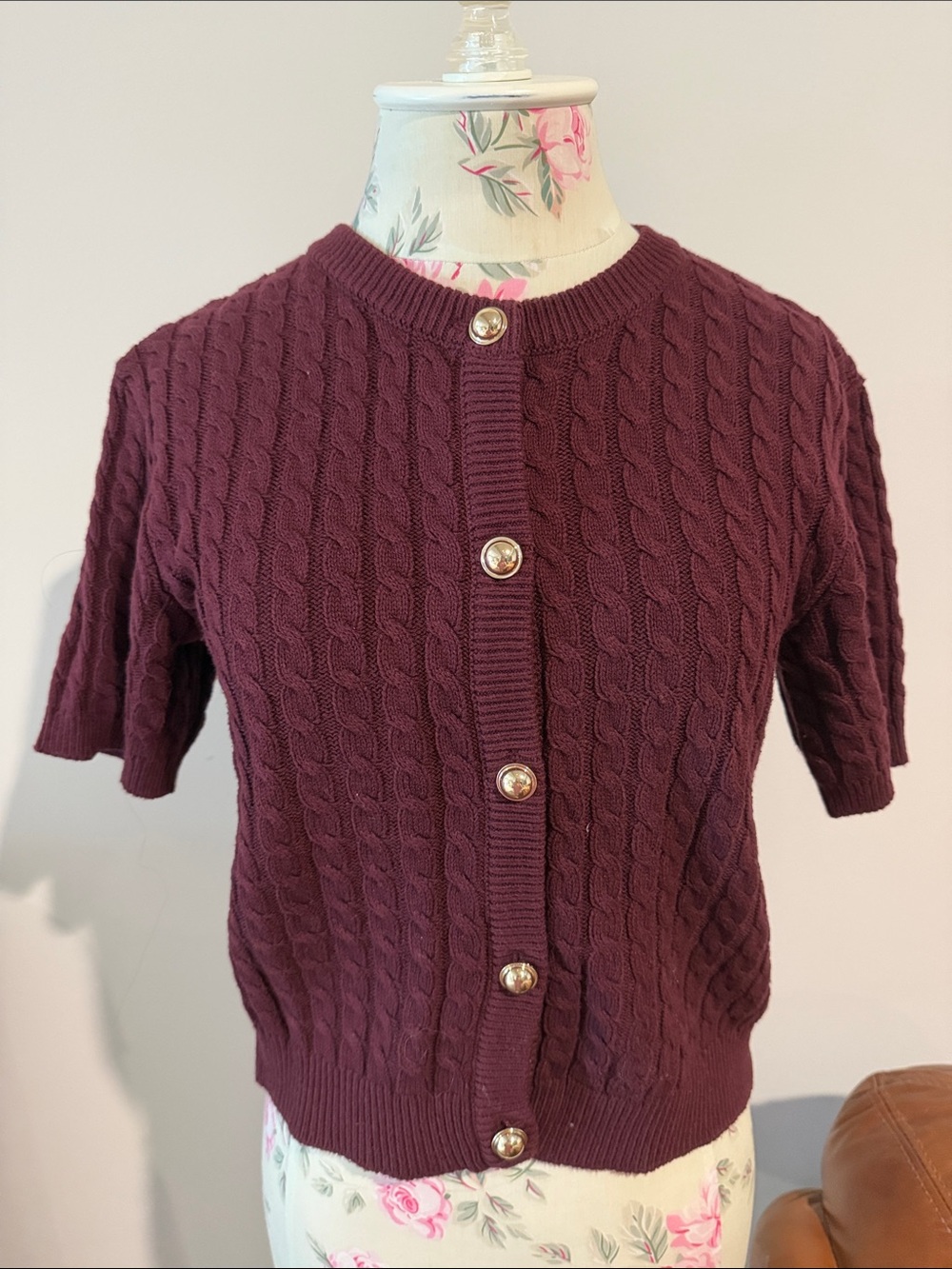 H&M Cable Knit Short Sleeve Cardigan in Deep Plum